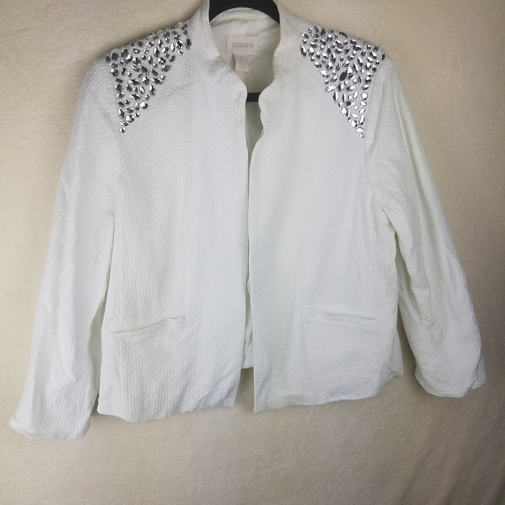 Chico's Jacket Womens 2 White Excellent Rhinestone Embellished Cotton Open Front